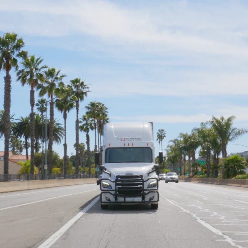 A "Schwarz Logistics" semi-truck driving on a sunny highway lined with palm trees, which suggests a location with a warmer climate, possibly in the southern part of the United States.