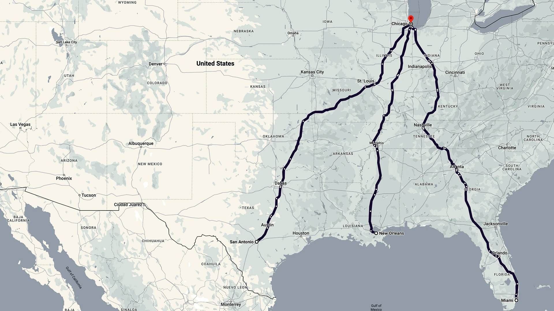 A map with a transportation or delivery route marked with a thick line traversing the central to the southern United States.