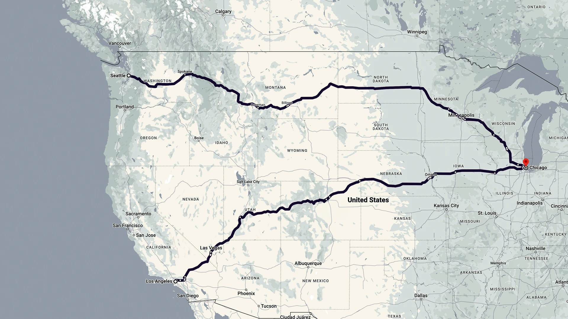 A map of the United States highlighting a significant transportation or shipping route from West to Midwest.