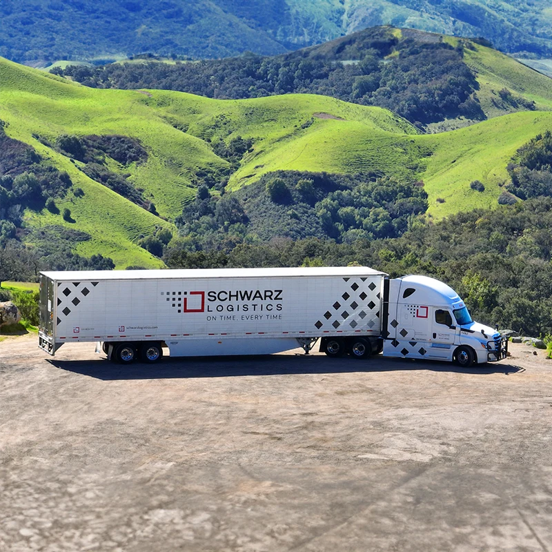 A "Schwarz Logistics" semi-trailer truck parked on a paved area with a backdrop of green, rolling hills under a blue sky.
