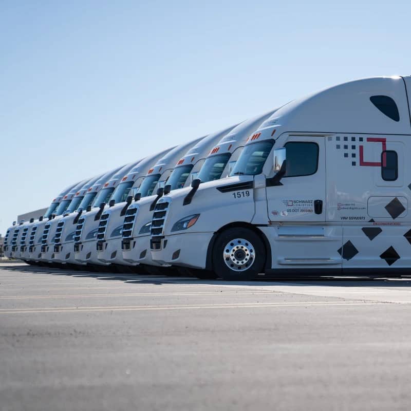 A close-up of a row of trucks parked diagonally.