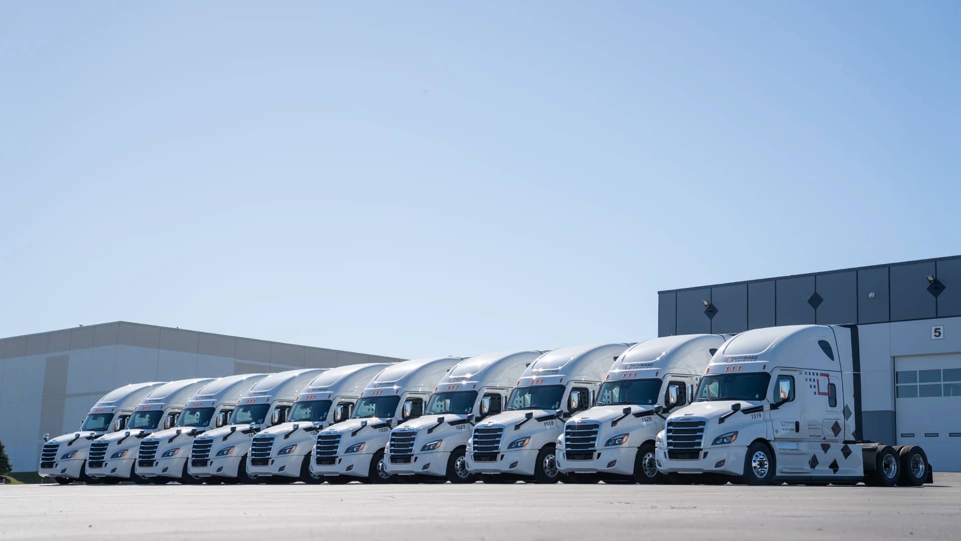 A fleet of semi-trailer trucks parked in an orderly row.