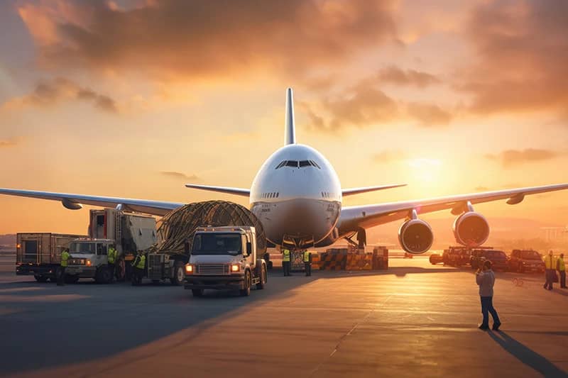 A bustling airport scene during what seems to be sunrise or sunset, given the warm lighting. In the center is a large, white cargo airplane, likely a Boeing 747, given its distinctive hump and size.