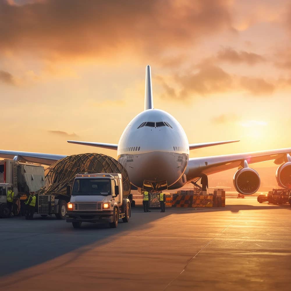 A majestic white jumbo jet during a vibrant sunset, with the warm glow of the setting sun casting a golden hue over the scene. In the foreground, a team is actively engaged in the cargo loading process, with a ground crew handling large, netted air cargo containers. A cargo truck and other airport ground support equipment are visible, suggesting a bustling and efficient operation at an airport cargo area. The airplane, possibly a Boeing 747 given its distinctive hump and large size.