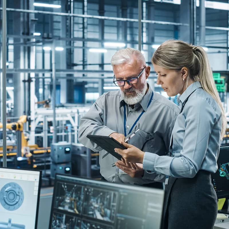 Engineers reviewing data on tablet in manufacturing plant.