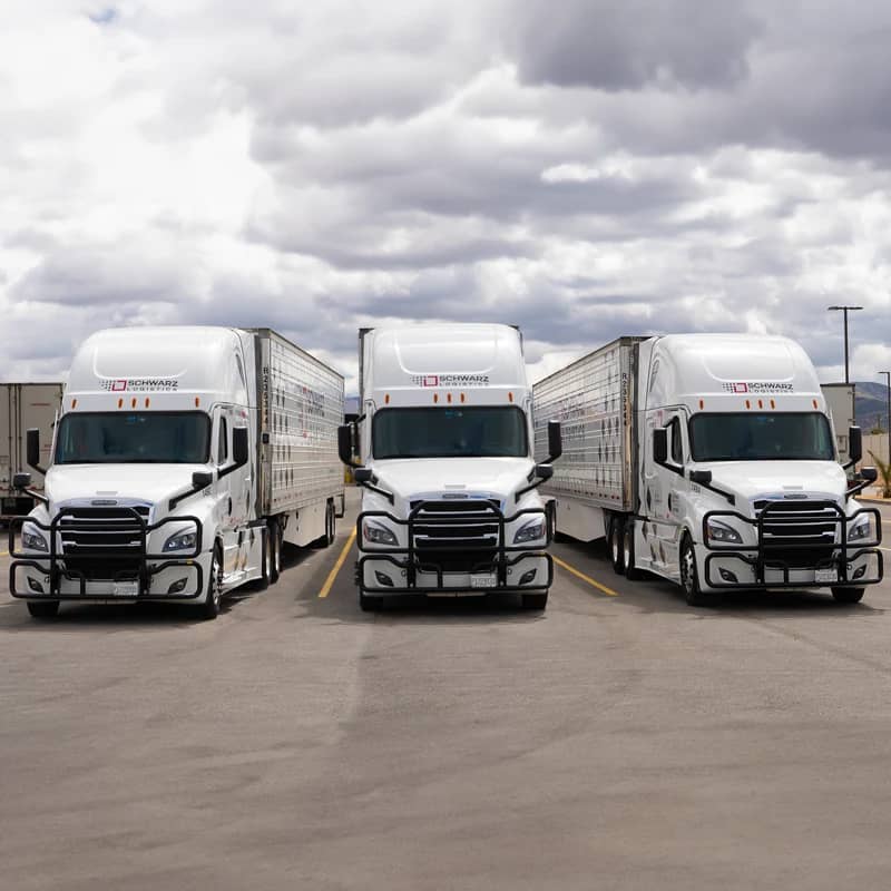 In this image, you see three semi-trucks facing forward, with two trucks angled slightly towards the center one. They are white with the logo and branding of "SCHWARZ LOGISTICS" on the cab just above the windshield. The trucks are in a warehouse setting with a cloudy sky overhead, suggesting an overcast weather condition. The design of the trucks suggests a modern fleet, likely used for logistics and transport services..