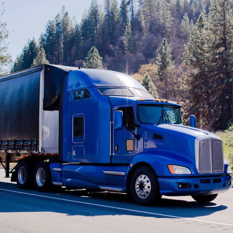 Blue semi truck with Conestoga trailer, forest background.