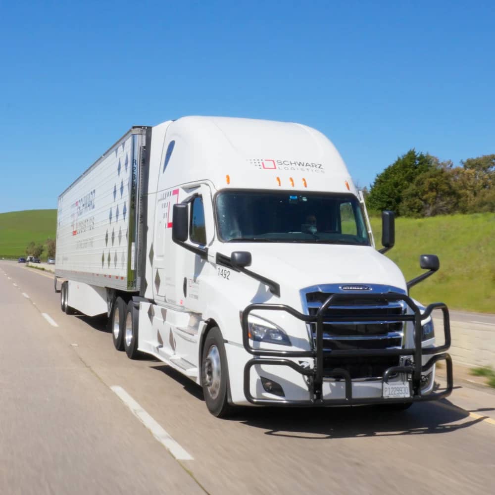 A modern white semi-truck with a trailer on a sunny day. The truck is marked with the name "SCHWARZ LOGISTICS" and the slogan "ON TIME, EVERY TIME", with the company's logo prominently displayed. The trailer also shows a unique pattern of black and white diamonds. The vehicle is equipped with a sturdy front grill guard and is traveling on a highway. The surroundings are lush and green with a clear blue sky above, indicative of a pleasant day for transportation.