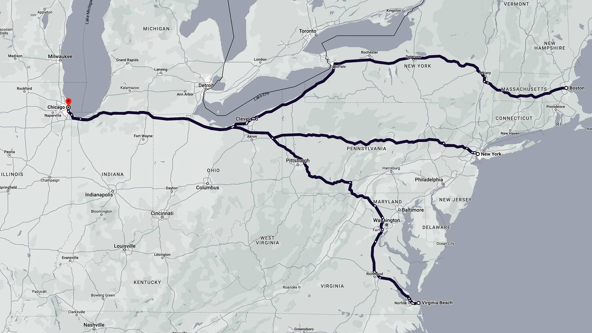 A map depicting a transportation or delivery route in the eastern part of the United States.