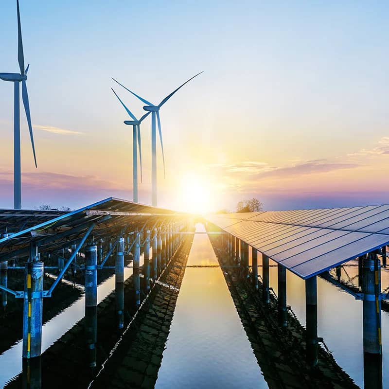 Solar panels and wind turbines by water at sunset, reflecting renewable energy growth.