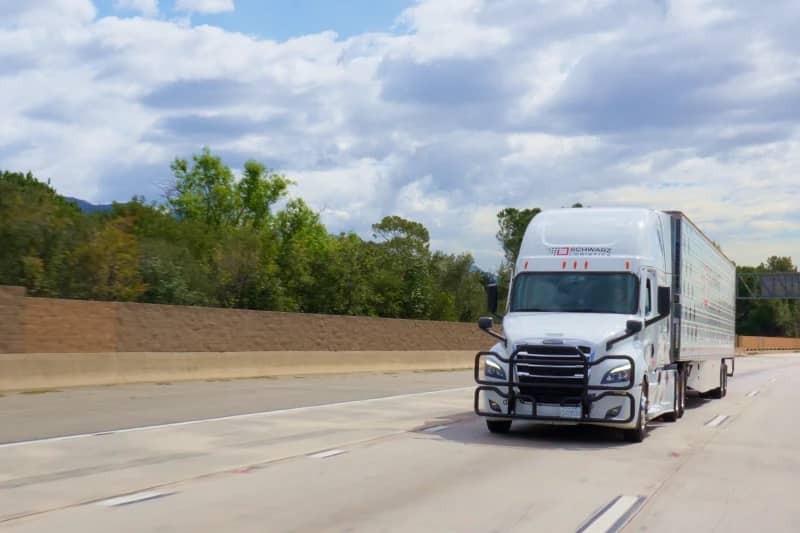 A white semi-truck moving along a highway, pulling a trailer labeled "SCHWARZ LOGISTICS." The sides of the trailer display a series of red and black diamond patterns, consistent with the company's branding.