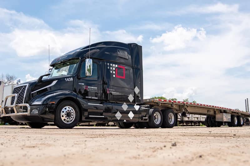 A robust semi-truck attached to a flatbed trailer, set against a clear sky.