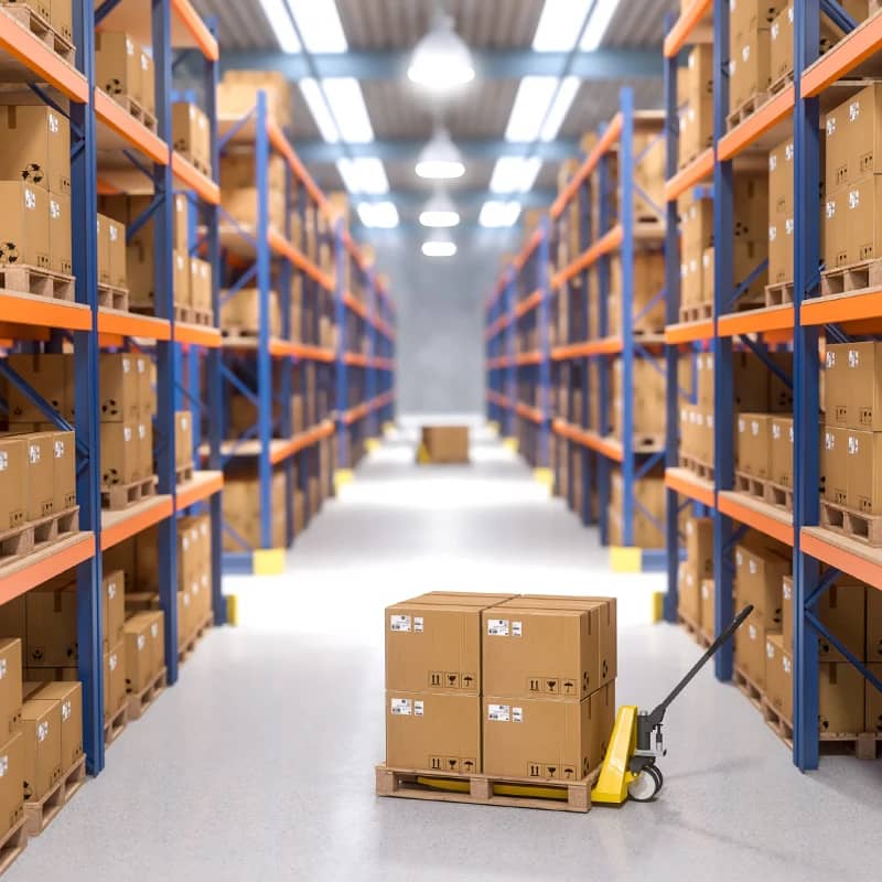 Warehouse interior with shelves, boxes, and a pallet jack.