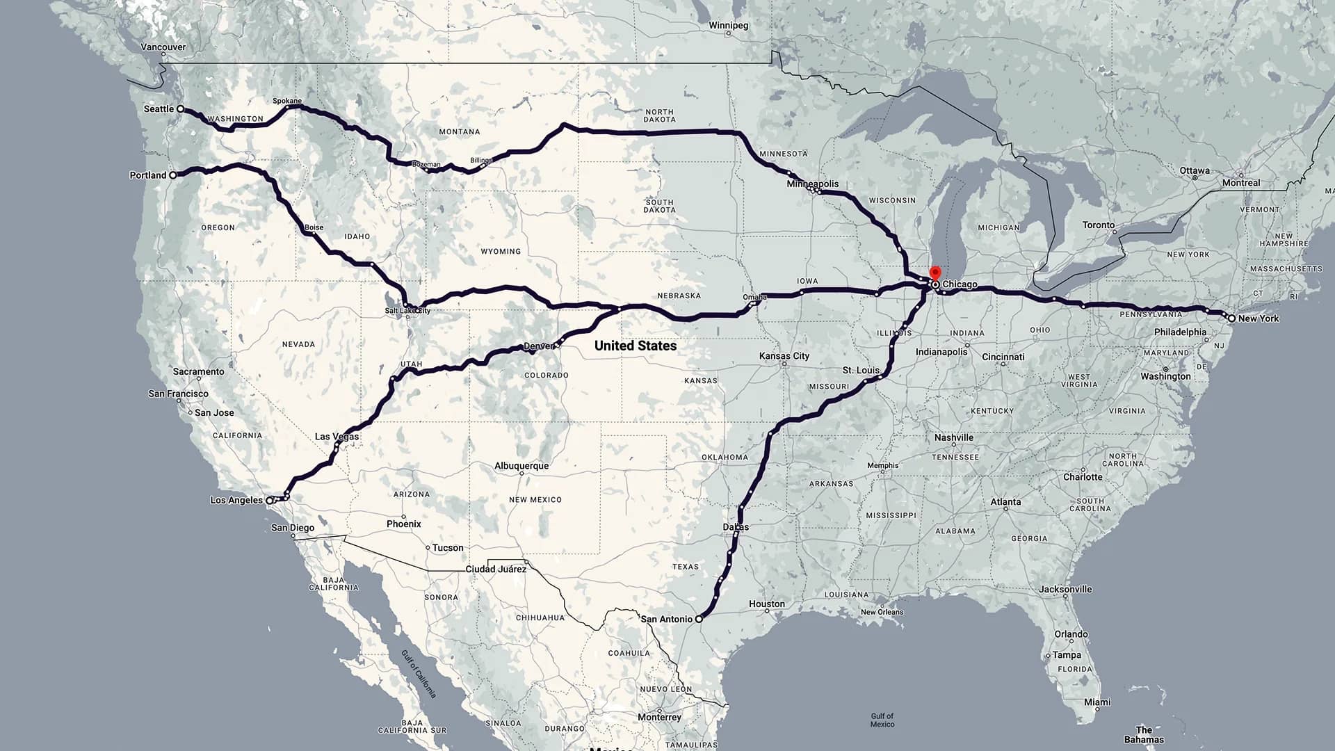 A detailed map of the United States displaying major transportation routes highlighted with a thick black line traversing various states, with a red dot marking Chicago. The map provides a visual representation of significant interstate connections used for logistics and travel across the country.