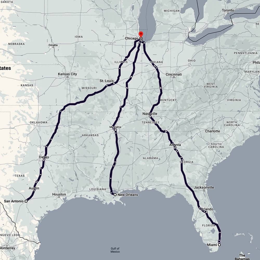 A map highlighting a transportation network that spans from Chicago, marked by a red dot, and extends across various states in the United States.