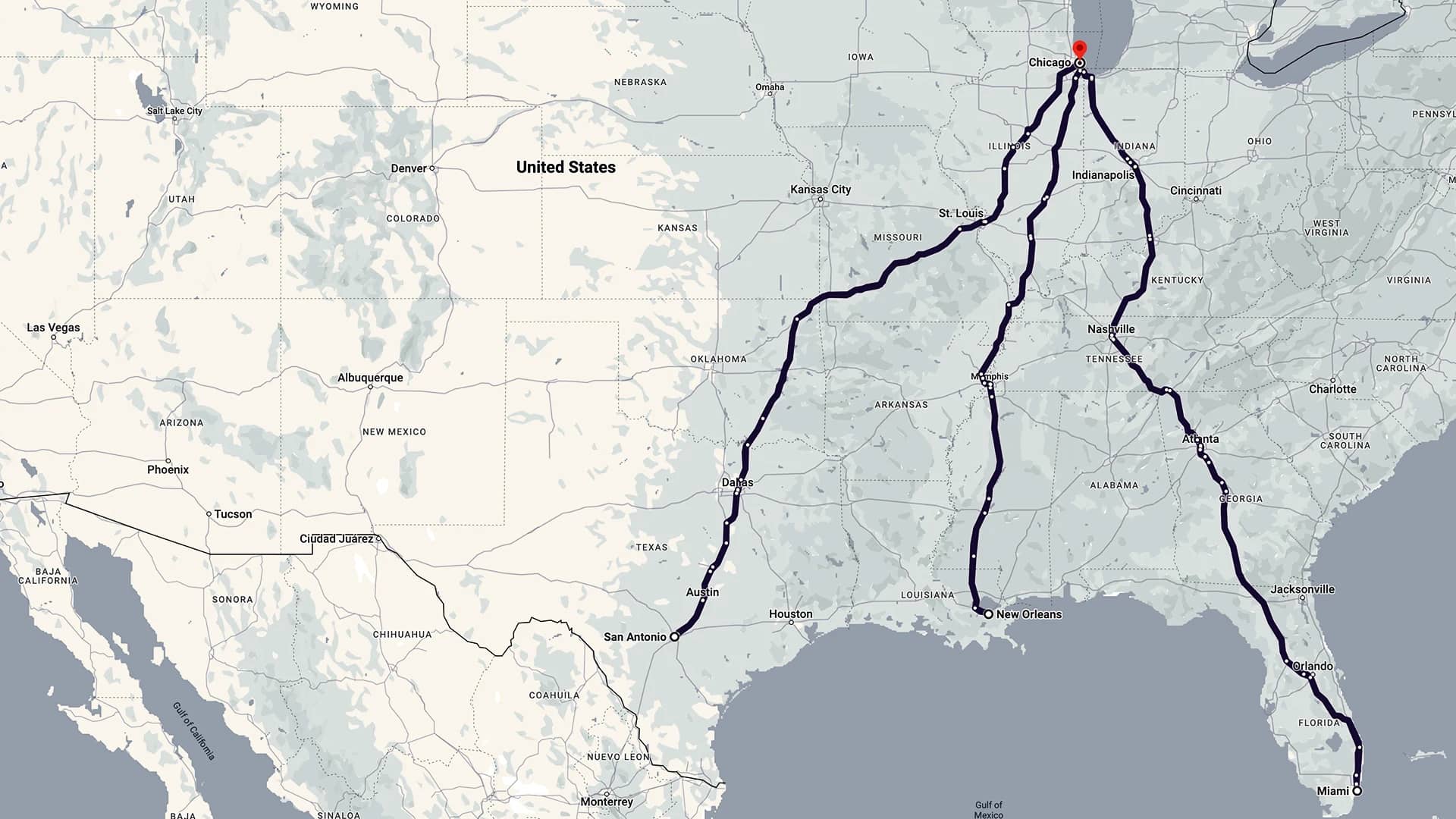 A map with a transportation or delivery route marked with a thick line traversing the central to the southern United States.