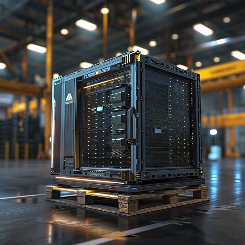 A modern data server rack positioned on a warehouse floor, indicative of advanced data storage and information technology infrastructure.