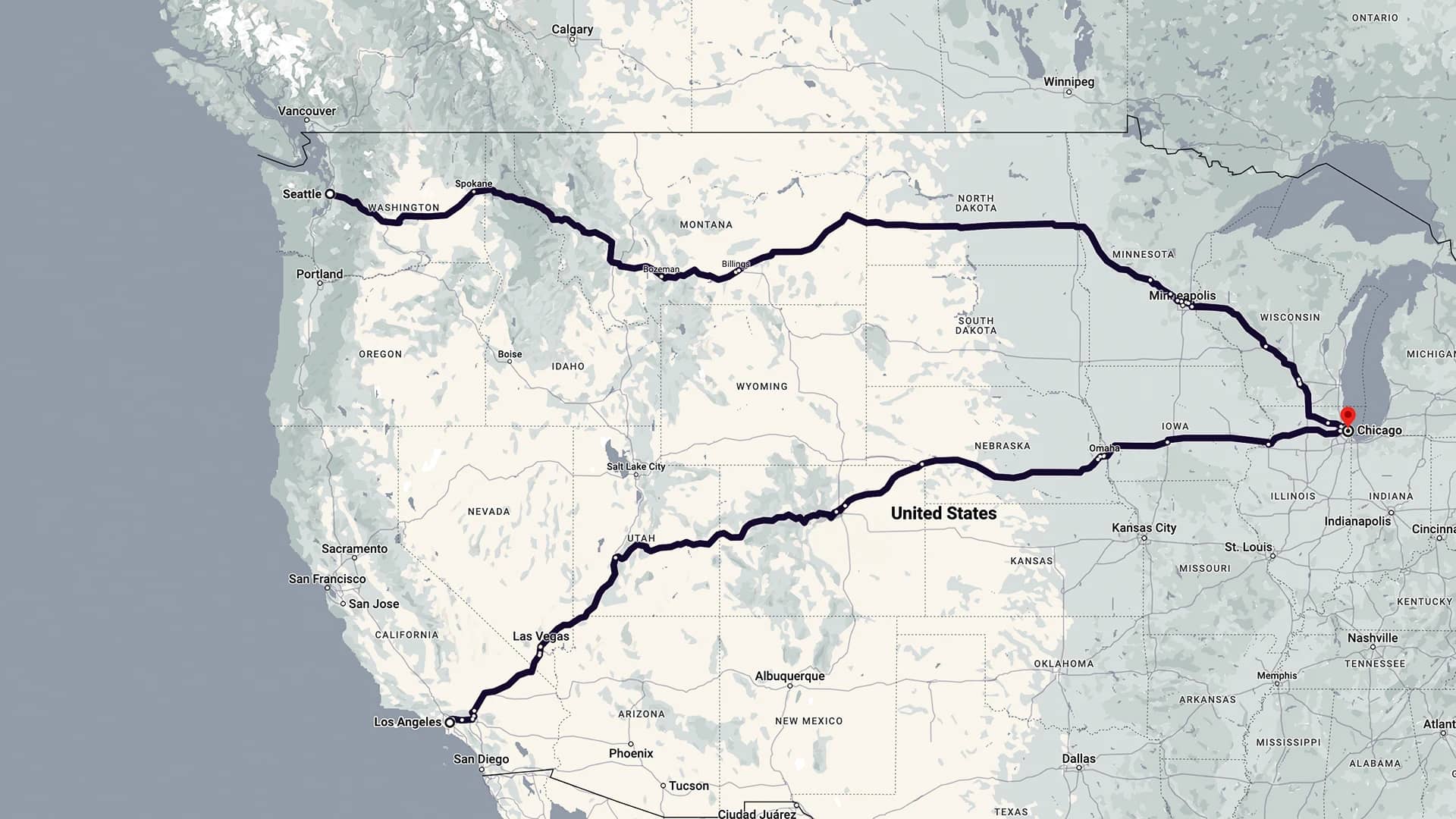 A map of the United States highlighting a significant transportation or shipping route from West to Midwest.