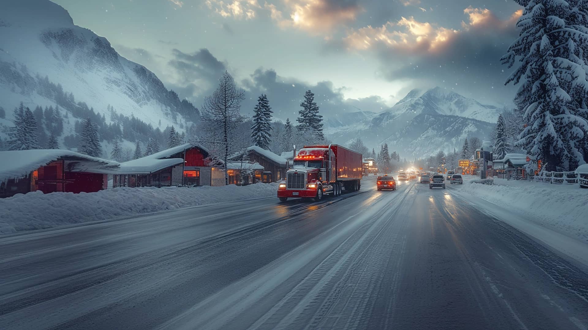 A semi truck driving on a road during winter.