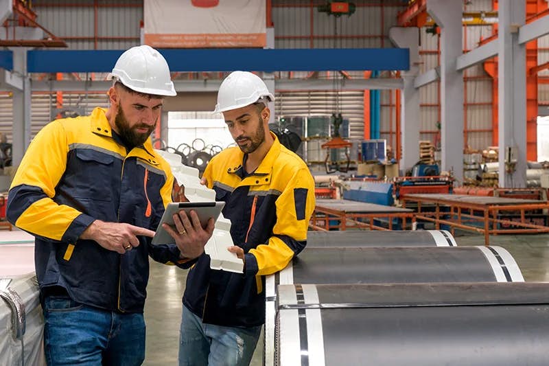 Two workers in high-visibility jackets and safety helmets are intently examining a tablet while standing in a manufacturing plant. Large industrial machinery and steel products can be seen in the background, indicative of an active production environment.