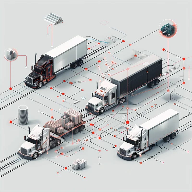 An isometric illustration of logistics and supply chain management with multiple semi-trucks, some with cargo, on a stylized grid. The image includes dynamic lines and dots connecting different elements, symbolizing the complex network of transportation and distribution systems.