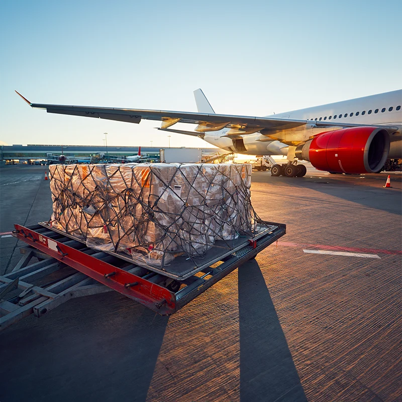 As the sun begins to set, casting long shadows on the tarmac, a large air freight pallet wrapped securely in nets awaits loading onto a wide-body aircraft, highlighting the scale and efficiency of modern air cargo transport.