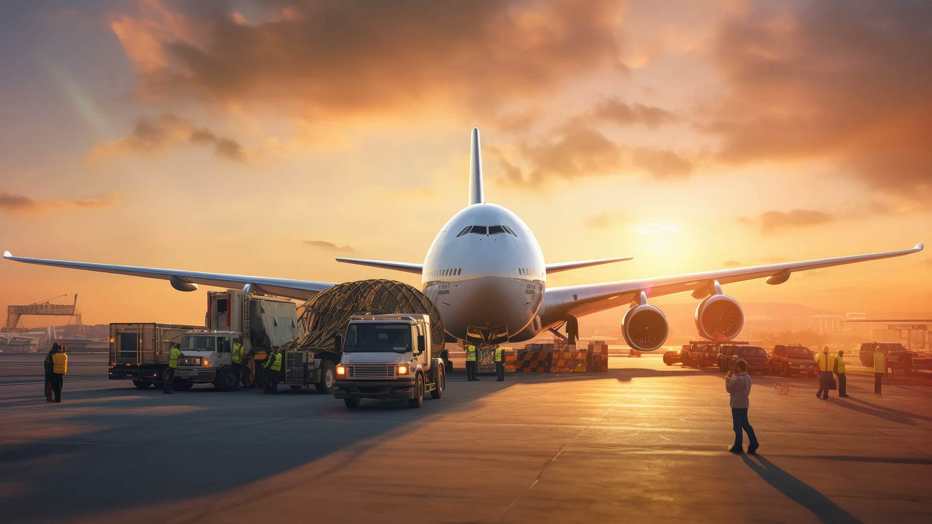 A majestic jumbo jet bathed in the warm glow of a setting sun commands the tarmac, while ground crew and vehicles busily prepare cargo for loading, reflecting the dynamic, bustling activity of air freight operations.