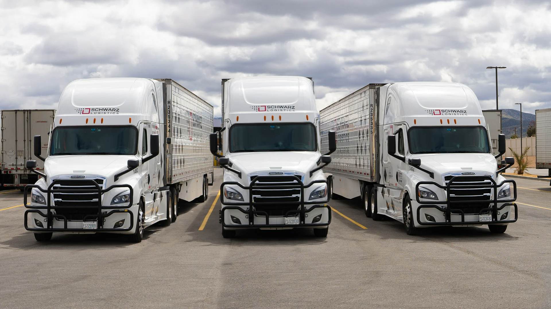 Three large white semi-trailer trucks parked side by side at a truck stop, each branded with 'SCHWARZ LOGISTICS' on the trailer. The middle truck faces forward, while the other two are angled away, creating a symmetrical pattern against an overcast sky with hills in the distance, emphasizing the fleet's readiness for transport.