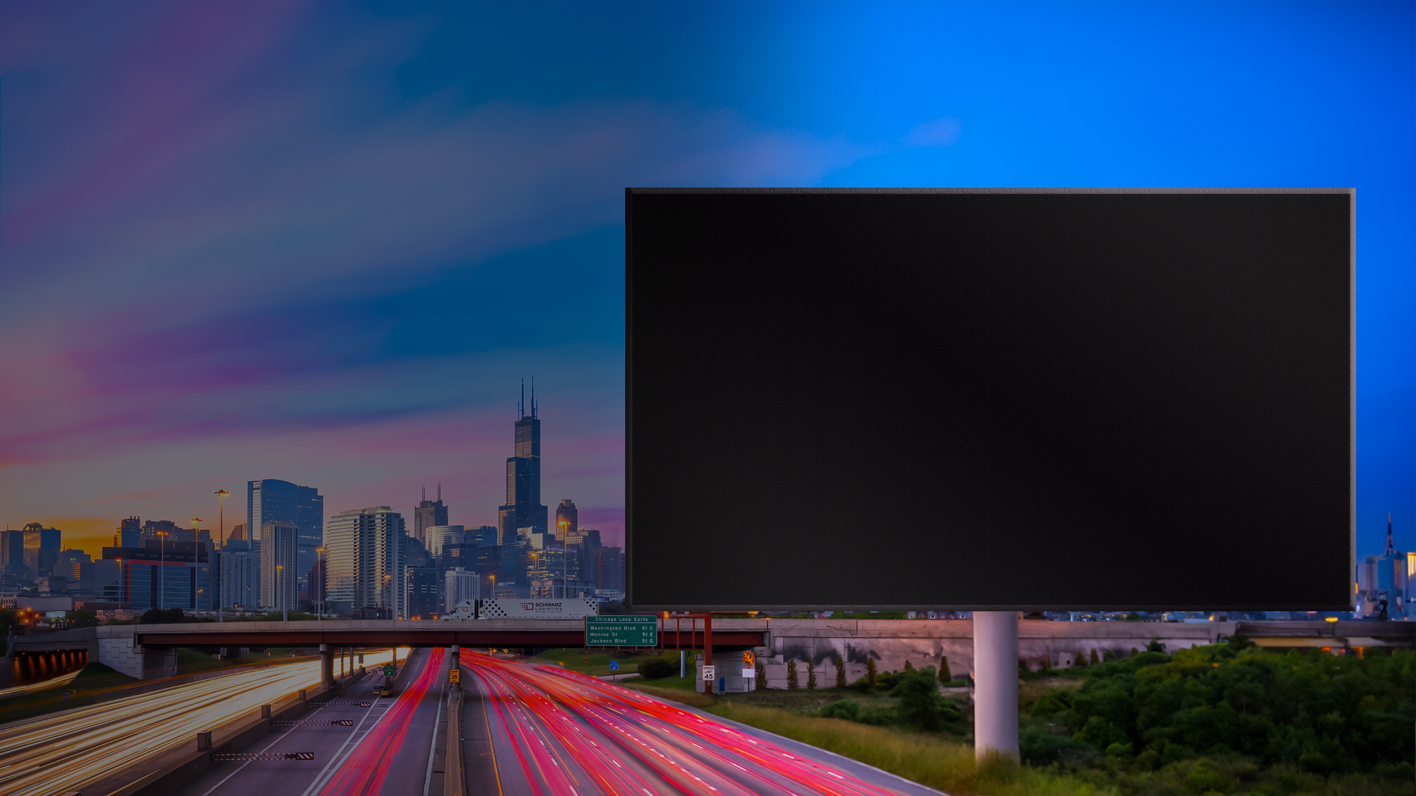 A vivid sunset sky with streaks of pink and blue above the Chicago skyline, viewed over a bustling highway with streaks of light from moving traffic. A large billboard stands prominently in the foreground, ready for advertising, with the city's architecture creating a dramatic backdrop.