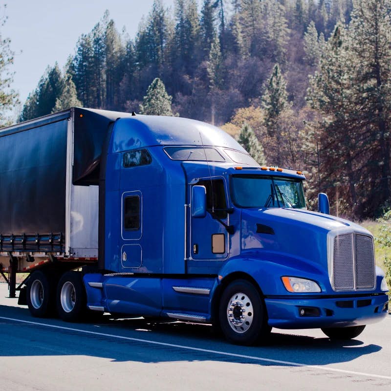 Blue semi truck with Conestoga trailer, forest background.