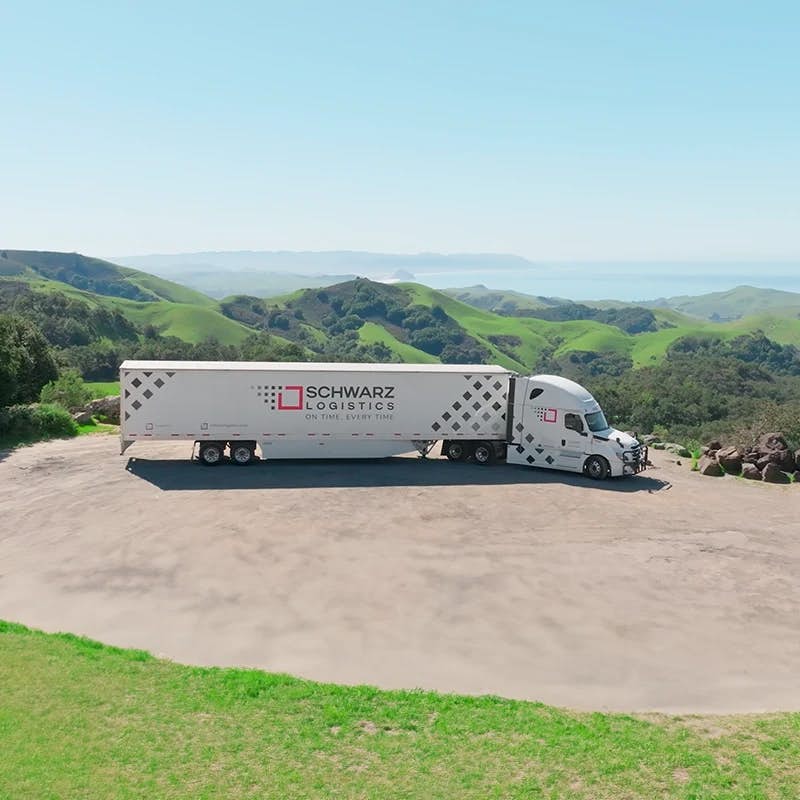 A semi-truck with the logo "Schwarz Logistics" on its trailer, parked in an open area with a scenic backdrop of green hills and a clear sky.