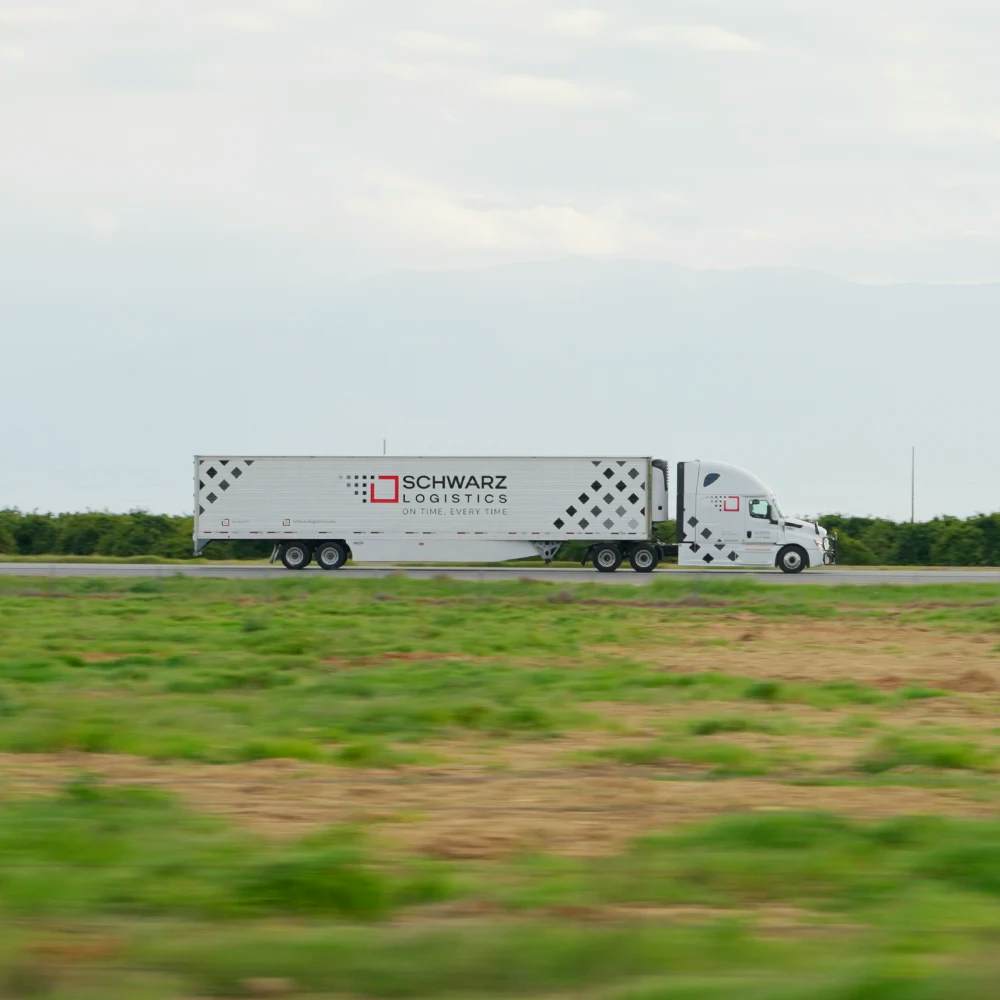 A white semi-truck with a large trailer in motion, driving across a flat landscape. The trailer is adorned with a pattern of black diamonds on a white background, and the words "SCHWARZ LOGISTICS ON TIME, EVERY TIME" alongside the company's logo. The truck appears to be on a highway, with green fields stretching out on either side and a mountain range faintly visible in the backdrop under a cloudy sky. The motion of the truck is captured with a slight blur, conveying speed and the idea of expedited delivery
