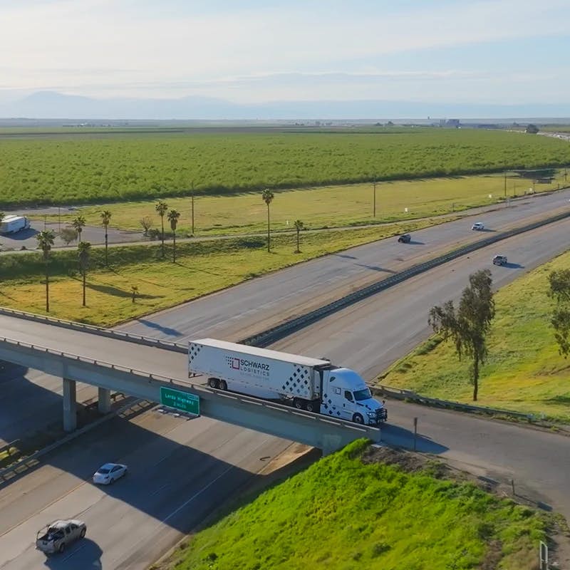 A white semi-truck branded with 'SCHWARZ LOGISTICS' crosses an overpass above a highway surrounded by lush green fields and palm trees. In the distance, the open landscape stretches to the horizon under a clear blue sky, emphasizing the vastness of the transportation network.