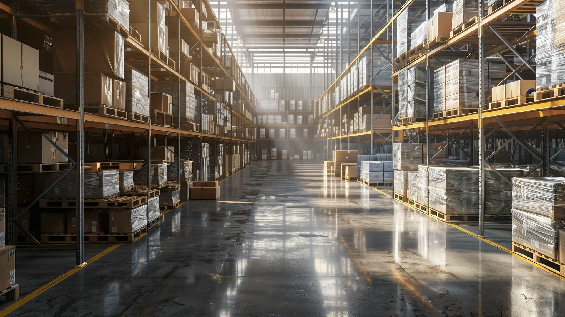 Sunlight filters through high windows onto the glossy floor of a spacious warehouse, illuminating rows of metal shelving stocked with neatly wrapped pallets, suggesting an organized and efficient inventory system.