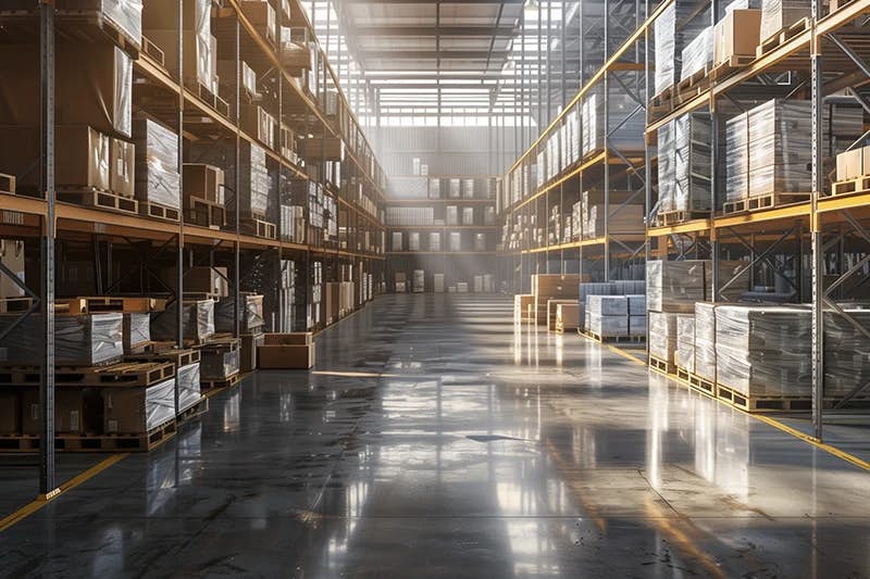 Interior of a large and modern warehouse with tall shelving units stocked with numerous pallets wrapped in plastic.