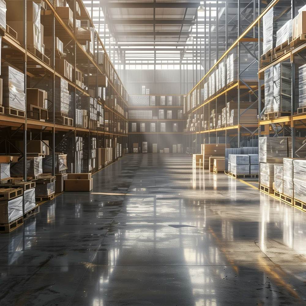 A spacious and well-organized warehouse interior. Tall shelving units filled with uniformly wrapped pallets extend into the distance, while the polished concrete floor reflects the soft sunlight filtering through the large skylights. The atmosphere is serene and somewhat ethereal due to the dust particles visible in the air, highlighting the rays of light and creating a quiet, industrious environment.
