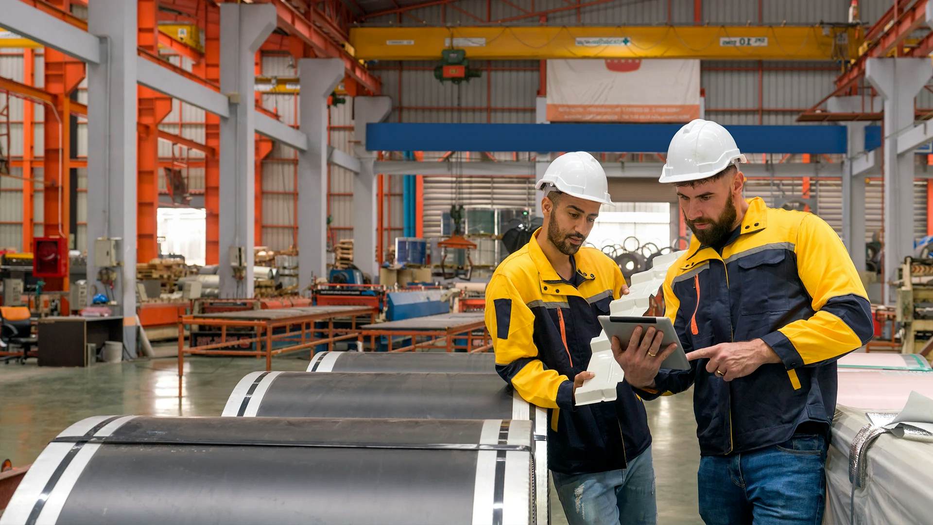 Two engineers in yellow and blue safety gear using a tablet in a manufacturing plant with large pipes in the foreground and factory equipment in the background.