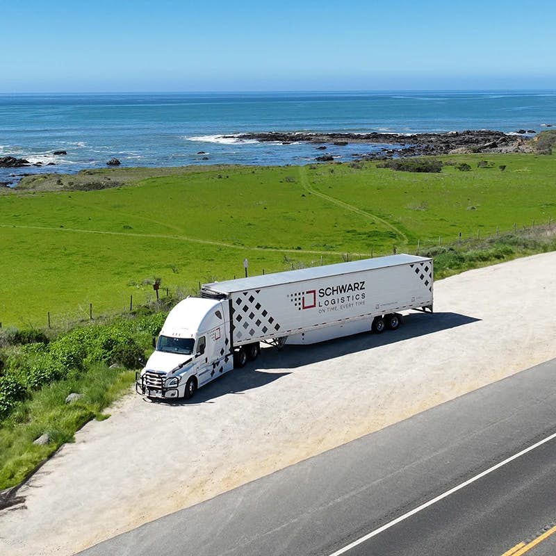 The image shows a white semi-truck with a trailer emblazoned with "SCHWARZ LOGISTICS" and the slogan "ON TIME, EVERY TIME," suggesting a focus on reliable service. The truck is on a road near a beautiful coastline with the ocean in the background and a lush green field to the side.