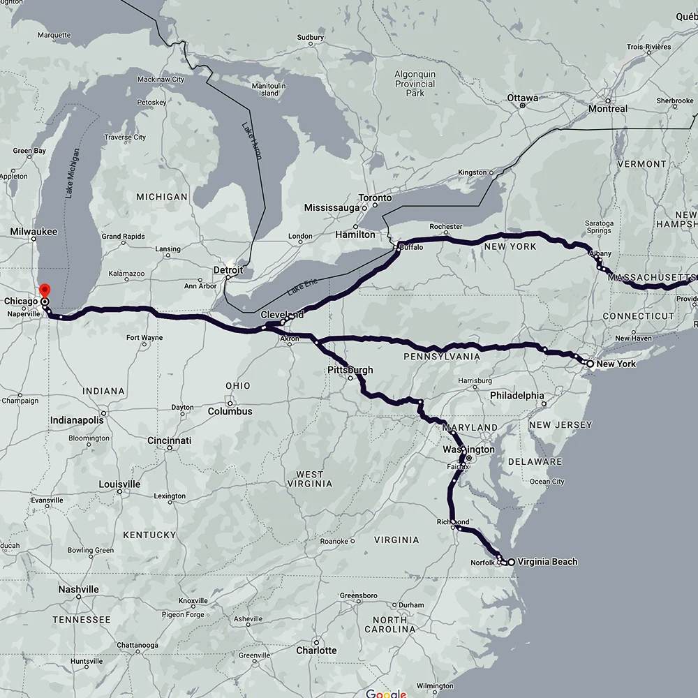 A map highlighting a transportation route across the northeastern part of the United States.